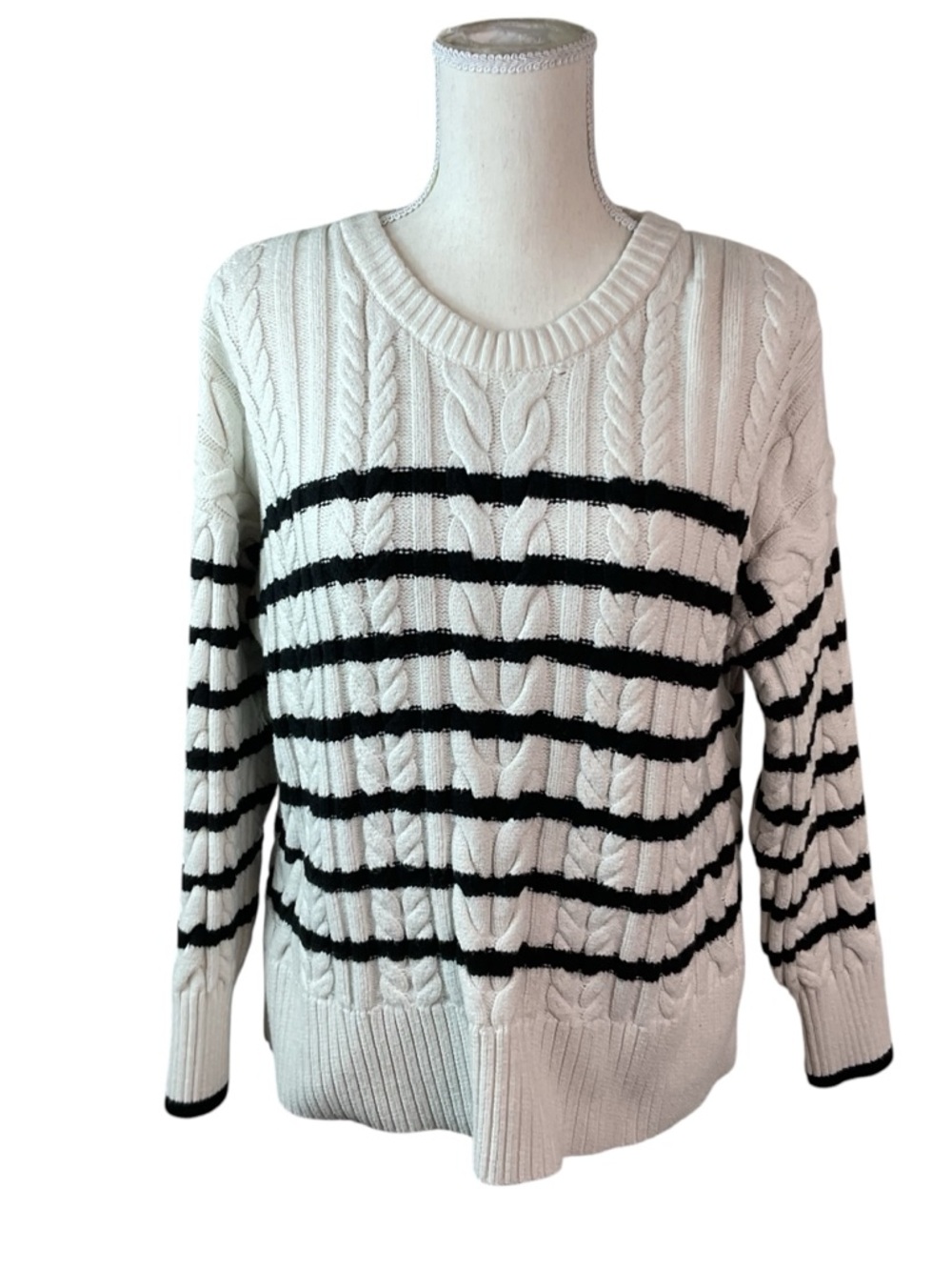 Philosophy Cream Cable Knit Sweater with Black Stripes M